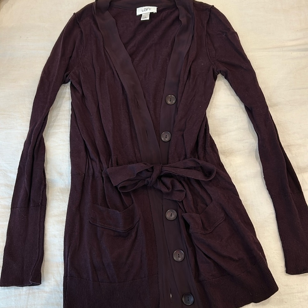 LOFT maroon tie waist cardigan